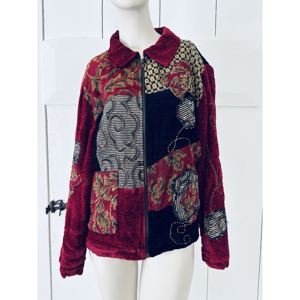 Vintage Allure Red Black Embroidered Patchwork Jacket Womens Med Artsy Classic